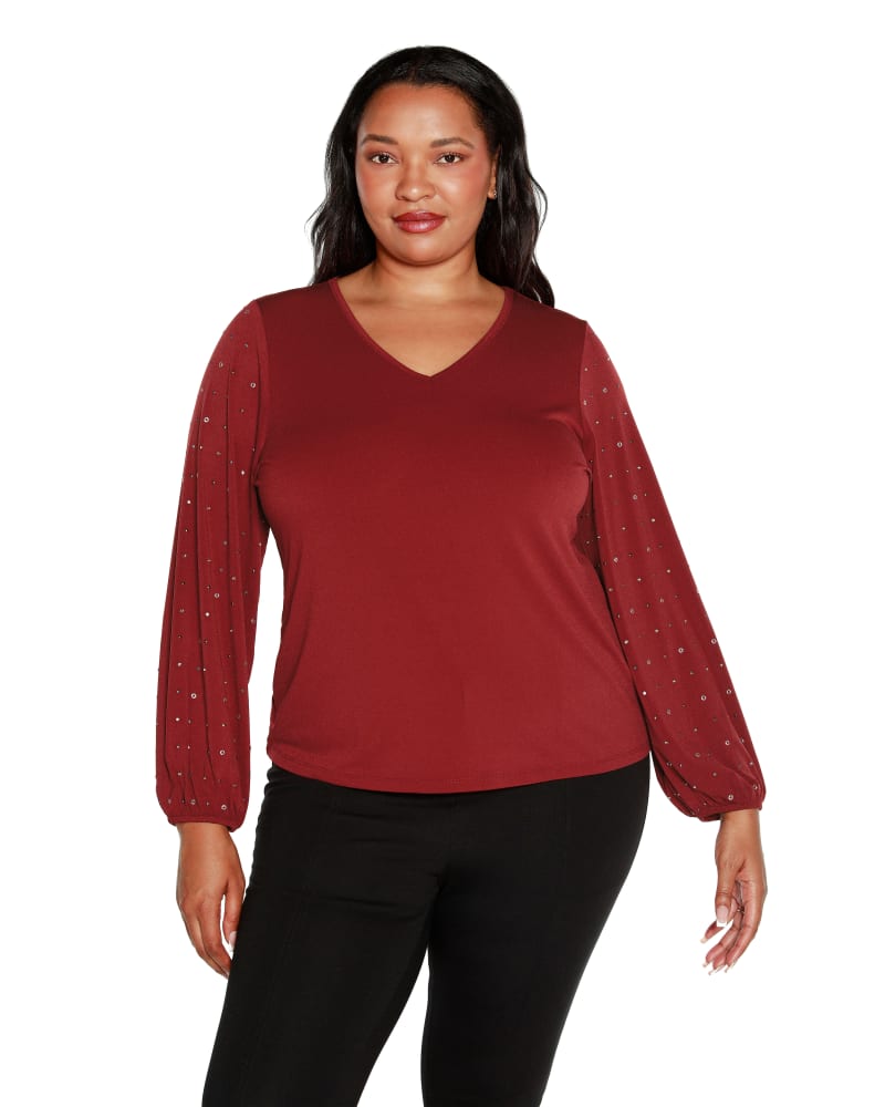 Front of a model wearing a size 1X Plus Size Embellished Blouson Sleeve Top in Cranberry by Belldini Black Label. | dia_product_style_image_id:319086